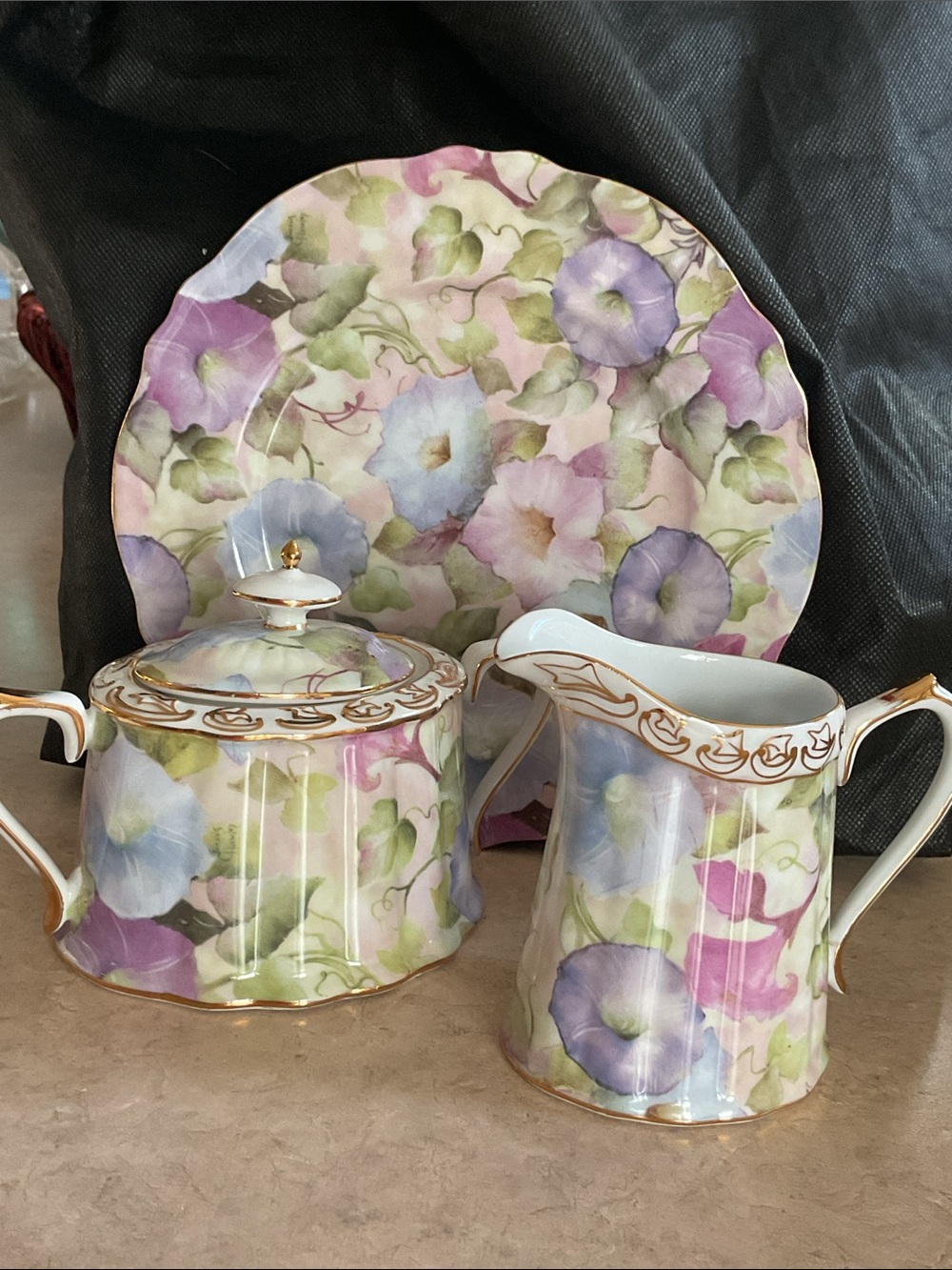 Skye McGhie fine porcelain Morning Glory dessert plate, cr & sugar